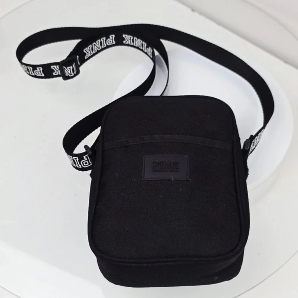 PINK Victoria's Secret Crossbody Bag OS Black Canvas Logo Strap Sporty Festival